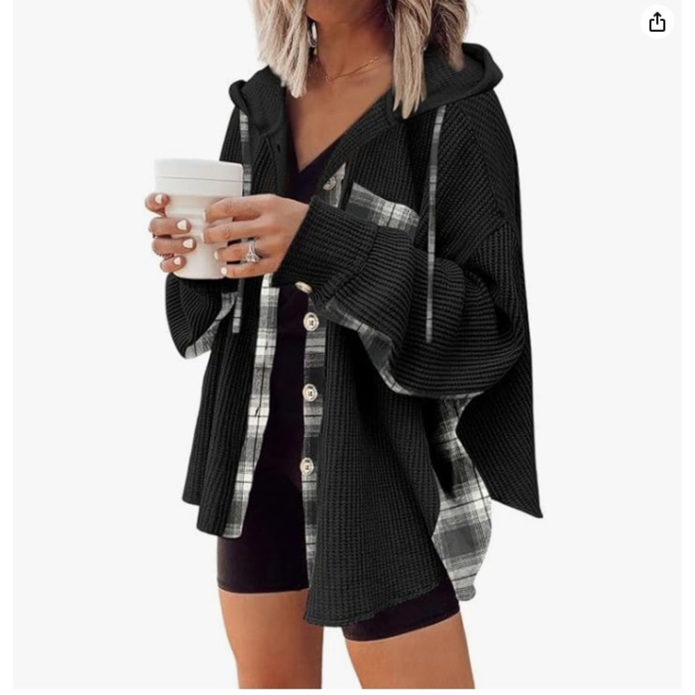 New Women Waffle Knit Shacket Boyfriend Shirt Jacket Button Down Blouse Top Sz S